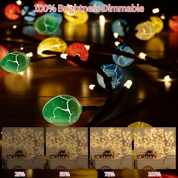 Easter Egg Enchanted Willow Vine Lights, 7.55FT 144LED 4 Color Easter Egg Tree Branch Lights for Wall, Remote Timer,8 Light Model,Bedroom Wall Doors Wedding, Christmas, USB Battery Box