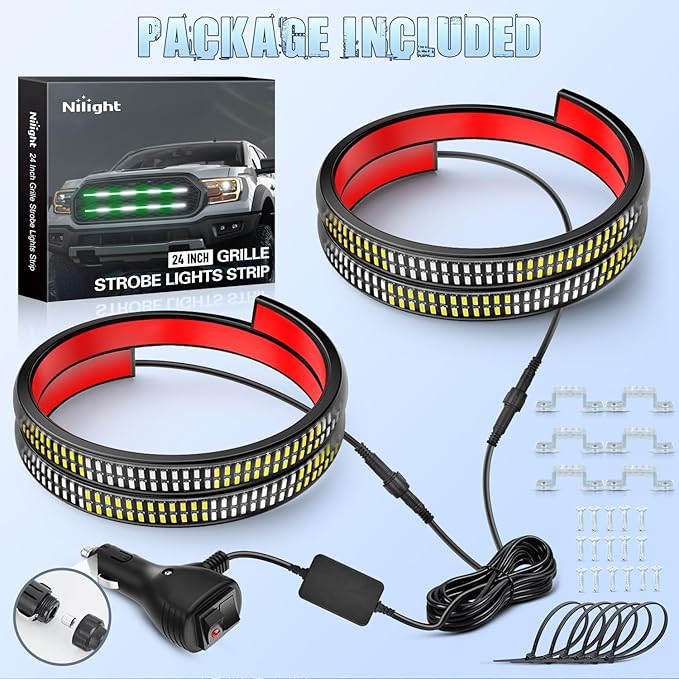 Nilight 2PCS 24 inch Truck Grille Strobe Lights Strip 384 LED Emergency Light Green White Flexible Side Flashing Warning Caution Safety Waterproof Lighting Kit for Trucks Tow Plow Construction Vehicle