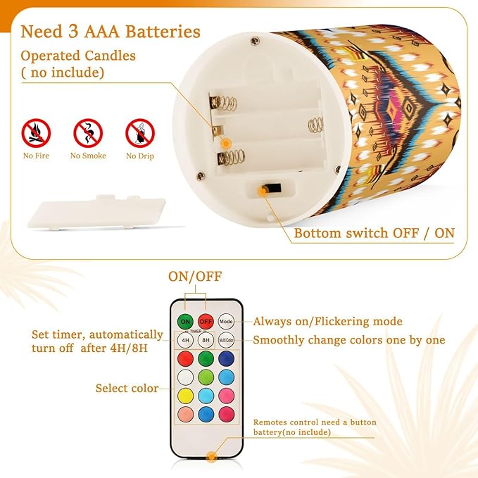 YETTASBIN Aztec Navajo Flameless Candles with Remote Control and Timer, Adjustable Brightness Long Lasting Battery Operated LED Pillar Candles for Indoor Outdoor Party Holiday Home Decor, 2 Pack