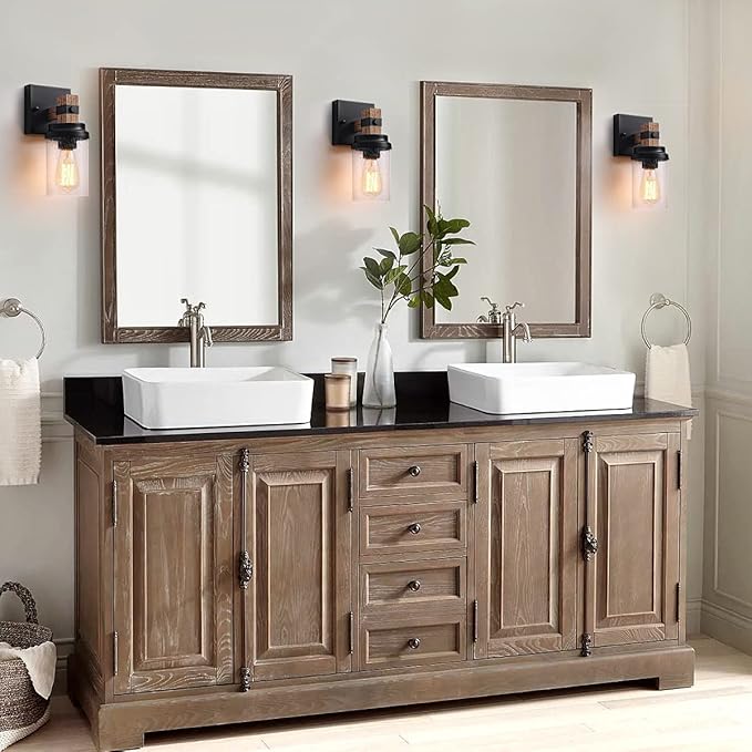 1-Light Rustic Wall Sconces Farmhouse Bathroom Light Fixtures Over Mirror, Handmade Wood Vanity Light Fixtures with Pretty Glass Shade, Wall Sconce for Bathroom Hallway Bedroom