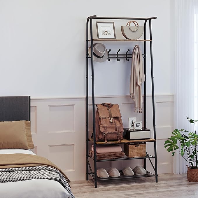 25" Coat Rack Hall Tree with Hooks, 4-Tier Shelf Entryway Storage Hall Tree Freestanding Metal Frame Multifunctional Hallway Organizer, Accent Furniture for Bathroom, Shoe Bench Entryway
