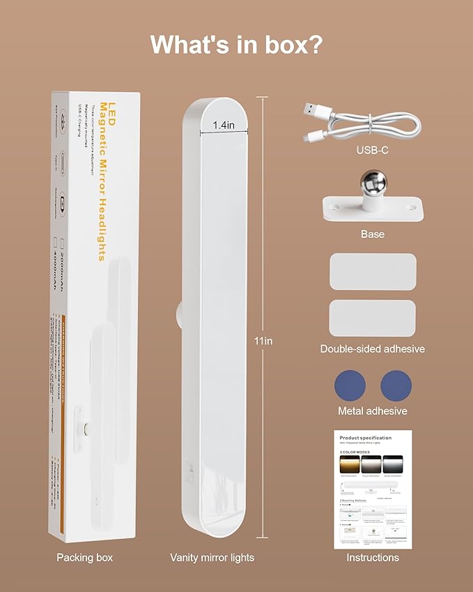 LED Vanity Lights for Mirror, White Wireless Makeup Mirror Lights with 4000mAh Battery, 3 Color Temperatures & Dimmable, Magnetic 360° Rotation, Stick On Design for Bathroom & Vanity