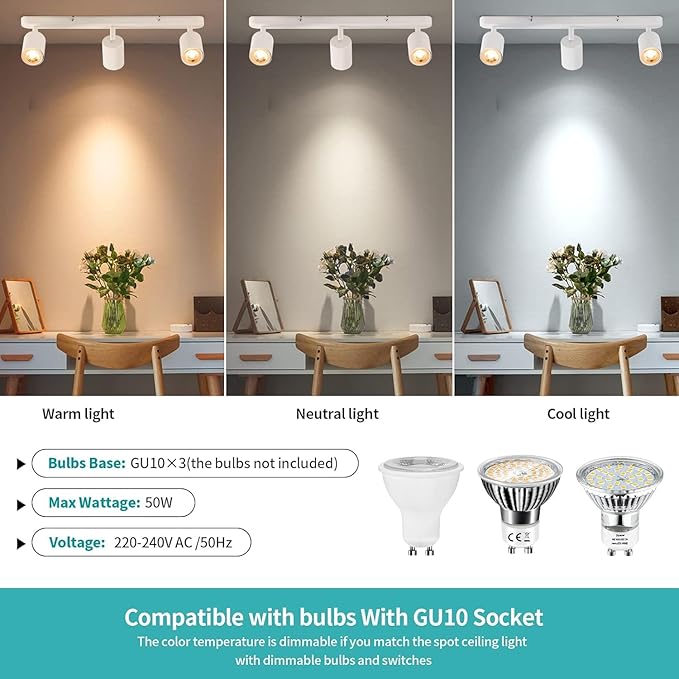 3 Way Track Lighting Kit Flexibly Rotatable Track Light Ceiling Kitchen LED Ceiling spot Light for Bedroom, Picture Wall, Hallway, Office, Bar, GU10 Socket (White-3)