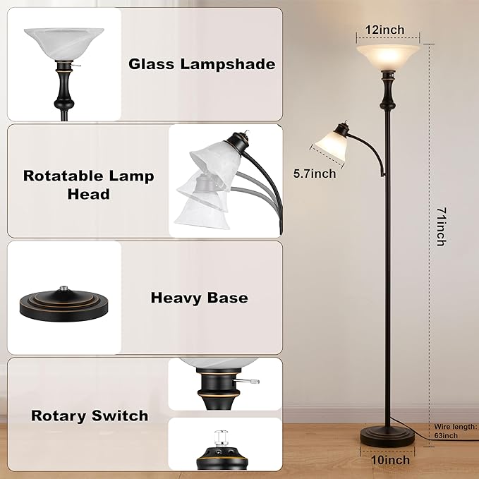 71'' Floor Lamps for Living Room, Tall Floor Lamp for Bedroom with Adjustable Angle Arc Reading lamp, Modern Torchiere Standing lamp with Glass Shade, Knob Switch, Bulb Included, Black