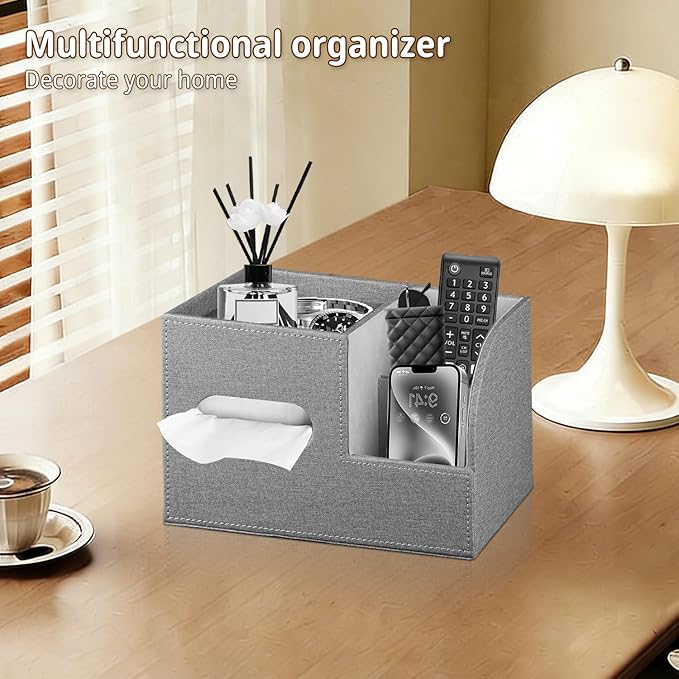 Leather Square Tissue Box Cover with Storage Tray,Cube Tissue Box Holder,Modern Facial Paper Organizer with Remote Control Holder for Bathroom,Vanity Countertop,End Table NightStand Home Office.Grey