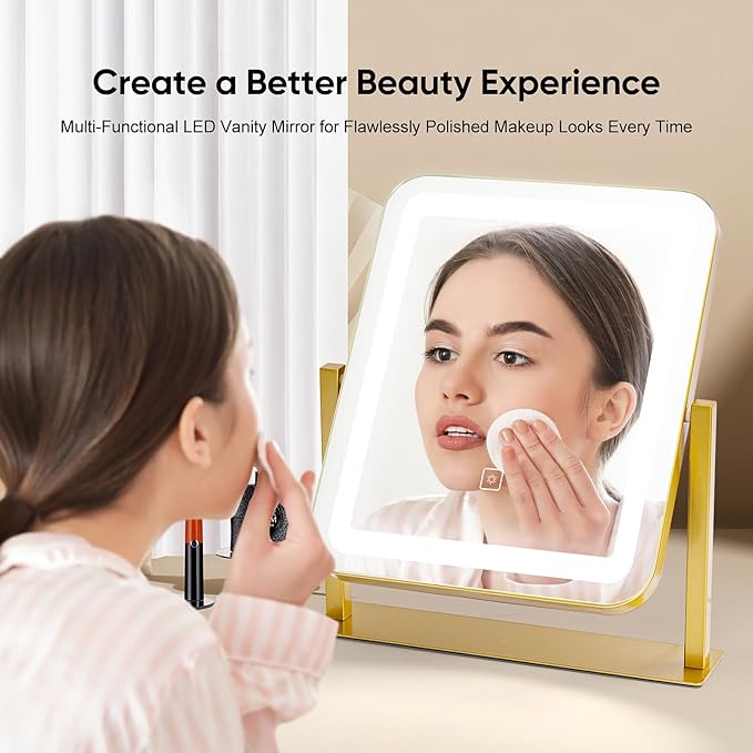 Vanity Mirror with LED Lights, 14.8x12.6 Inch Makeup Mirror, 3-Color Dimmable Touch Screen, 5X Magnification, 360° Rotation, Gold Tabletop Mirror for Bedroom Vanity