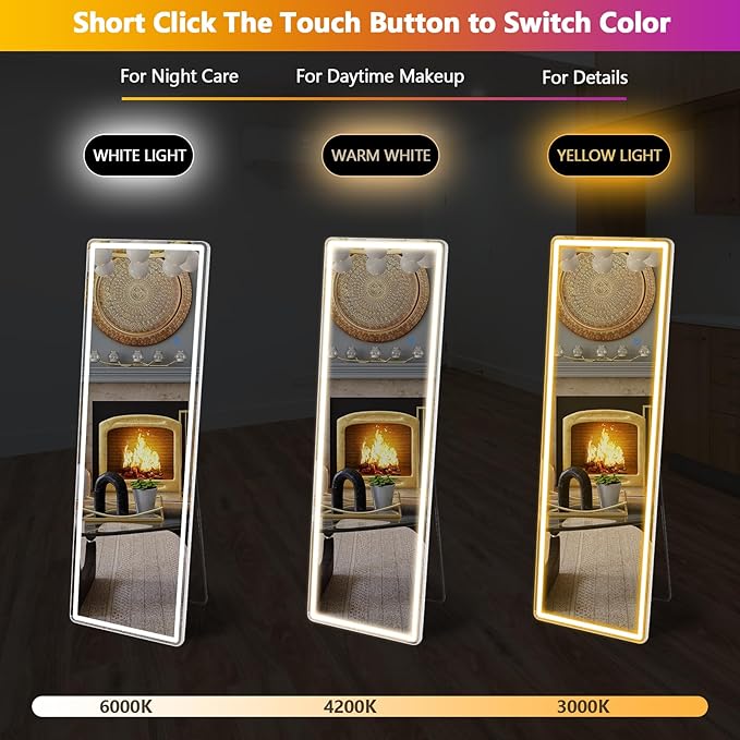 Sweetcrispy Full Length Mirror with LED Lights, 61"x17" Lighted Floor Mirror with Dimming & 3 Color Lighting, Stand for Bedroom, Dressing Room