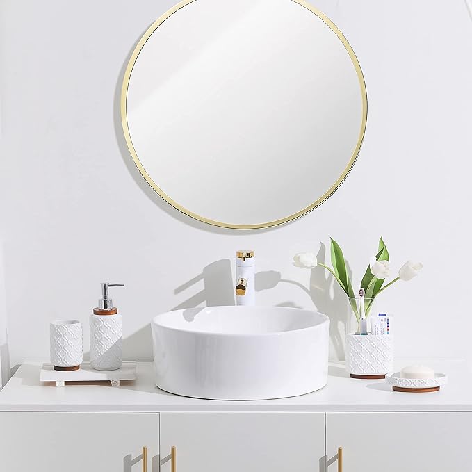 RQYIXI Elegant 4 PCS Ceramic&Wood Bathroom Accessories Set:Soap Dispenser,Toothbrush Holder,Tumbler,Soap Dish,Easy to Clean,Quatrefoil Pattern,White-Affordable Luxury for Home Decor Enthusiasts