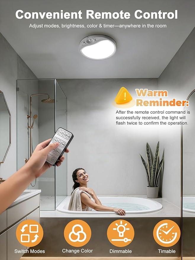 TANBABY Rechargeable Motion Sensor Ceiling Light Indoor with Remote, 3-Color Wireless Battery Operated Lights, 7'' Slim Ceiling Light Adjustable Motion Timer 30s/60s/120s for Closet Shower Hallway