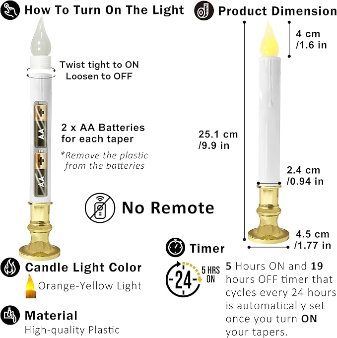 FURORA LIGHTING LED White Taper Candles with Gold Holders Pack of 6 with 5/19 Timer, Elegant Flameless Glow for Home Décor, Batteries Included
