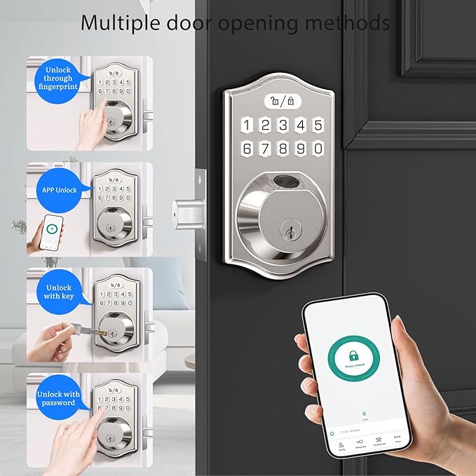 keyless Entry Door Lock deadbolt with Handle Set- Front Door Fingerprint Smart Locks with 2 Lever Handles-Keypad Code Deadbolt -App Control,Auto Lock,Easy to Install (Silver)