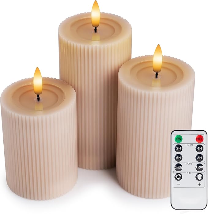 WYZworks Fluted Ribbed LED Pillar Candles, Blush Beige, with Realistic Reflective Melted-Wax Effect – Flickering Flame, Remote, Dimmable, Flameless, Battery Operated, Home & Wedding Decor (Set of 3)