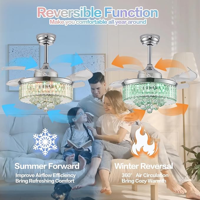 36" Retractable Crystal Ceiling Fan with Light, RGB Modern Fandelier 6 Speeds Reversible Blades Dimmable Chandelier Ceiling Fan with Remote App Control Memory Timer Silver