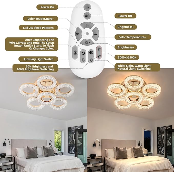 OKELI Modern Ceiling Light, 6 Rings 17.7'' Dimmable LED 60W Flush Mount Ceiling Lights with Remote Acrylic Crystal Round Ceiling Light Fixture, Bedroom Living Room Dining Room, Gold