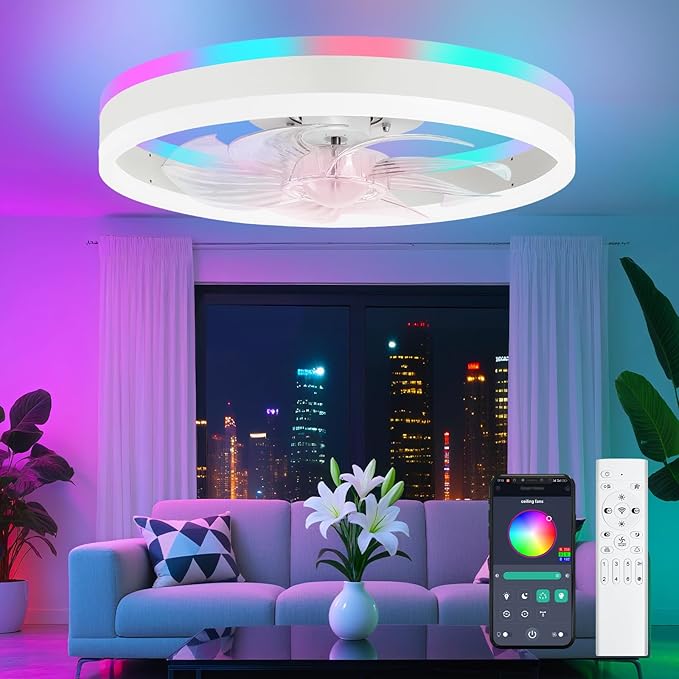 RGB Ceiling Fans with Lights, 16" Fandelier Low Profile Ceiling Fan with Light, Modern Flush Mount Ceiling Fan Light with Remote/APP Control, Bedroom Chandelier Fan Fixture for Indoor(White)