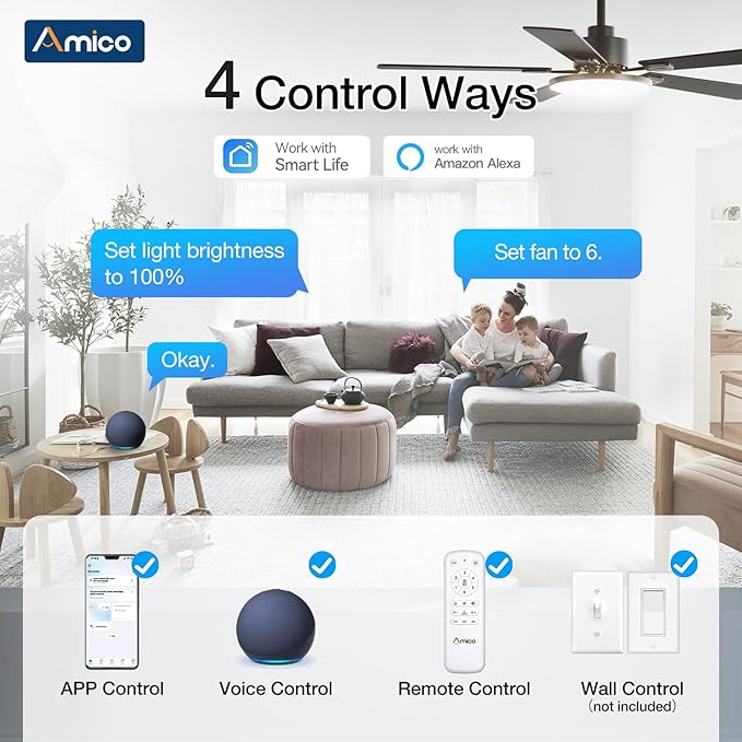 Amico Ceiling Fans with Lights, 52 inch Smart Ceiling Fan with Remote/APP/Alexa Control, Downrod Mount, Reversible DC Motor, 5 Blades, 6 Speeds, 3CCT, Dimmable, Noiseless, Bedroom, Living Room, Black