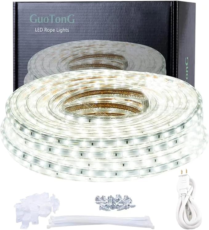 20ft LED Light Strip Kit, Waterproof 6000K Daylight White, 110V, Flexible SMD 2835 LEDs, UL-Listed Power Supply – Ideal for Indoor/Outdoor Deck, Patio, Christmas & Camping Decor