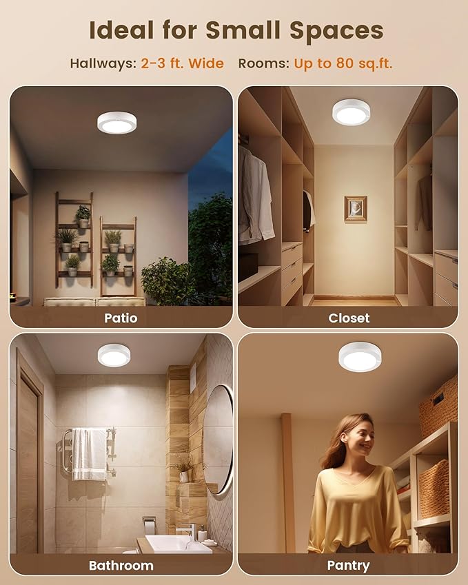 SURAIELEC Rechargeable Ceiling Light with Wall Switch, 8000mAh Battery Ceiling Light Indoor, Wall Switch Remote or Motion Sensor, 6500K 300LM, Battery Lights No Wiring for Shed, Pantry, Closet, 1-Pack