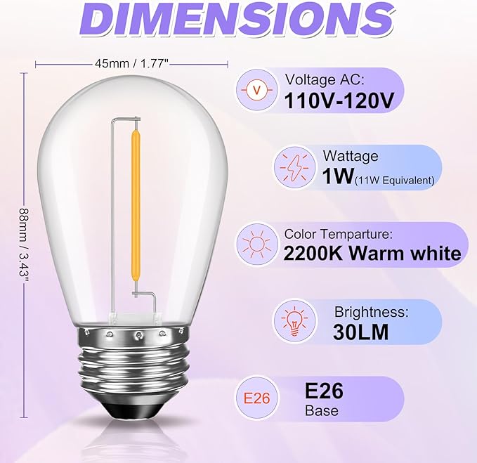 48 Pack S14 LED Replacement Bulbs for Outdoor String Lights, Shatterproof 1W E26 LED Bulbs, Waterproof Outdoor Light Bulbs for Patio Light, Soft White 2200K