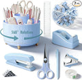 Blue Desk Organizers and Accessories Set with 360-Degree Rotating Pen Holder, Tape Dispenser, Stapler, Staple Remover, 1000 Staples, Tape, Clips Set, Ruler, Scissor, Pen