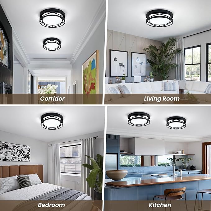 Modern LED Ceiling Light Fixture, 6000K Round LED Flush Mount Hallway Light Fixtures, Farmhouse Black Close to Ceiling Light for Hallway Bedroom Balcony Porch Stairway(Round, 12.6INCH)