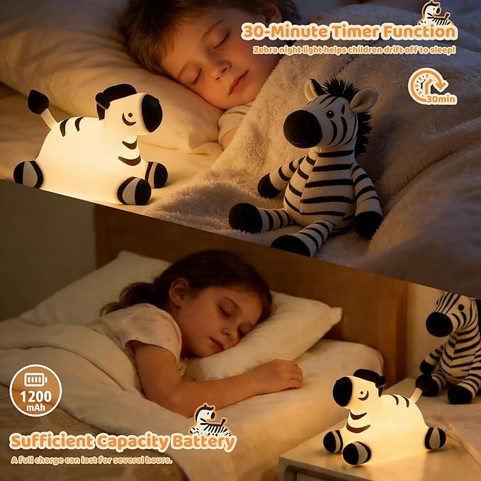 Zebra Silicone Night Light, Kawaii LED Cute Bedside Night Lights Squishy Touch Control USB Rechargeable Dimmable Lamp with Timer for Bedroom Animal Decor Adults Birthday Gifts Party Travel