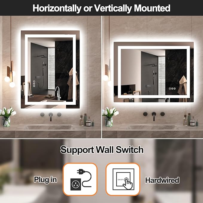 LED Mirror for Bathroom 24x32 Lighted Bathroom Vanity Mirrors with Lights, Brighter Frontlit and Backlit Anti-Fog Mirror, Tempered Glass, Dimmable 3 Colors Light Modes, Memory Function