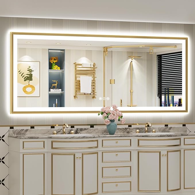 88x38 Gold Beveled LED Bathroom Mirror with Lights, Brushed Gold Framed Backlit and Front Lit Anti-Fog Lighted Vanity Mirrors for Bathroom Wall, Dimmable, 3 Colors, Memory, HD Tempered Glass