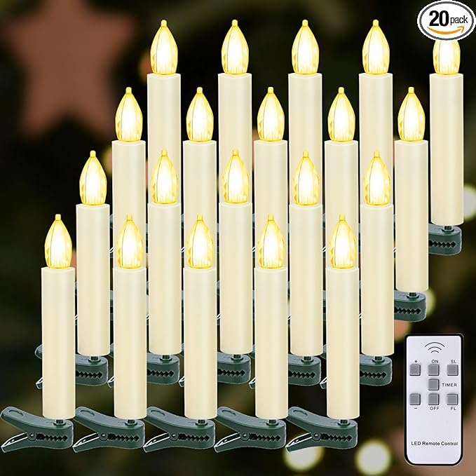 LED Christmas Candles, Flickering Clip on Candles for Christmas Tree, Battery Operated with Remote Timer, Warm White Light, Flameless Taper Candle for Home Christmas Decor, Set of 20