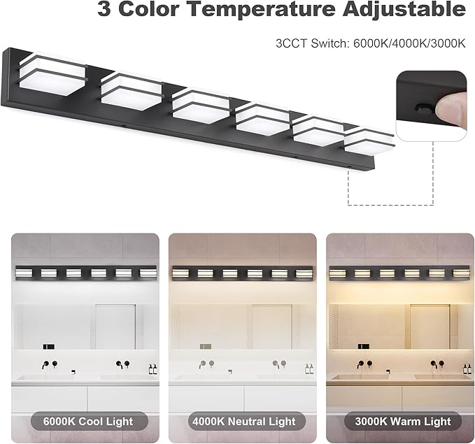 3 Color Temperature Dimmable Vanity Lights for Bathroom, Black 6 Light Vanity Light Fixtures, Acrylic Stainless Steel Square Shade Light Fixtures for Bathroom Above Mirror, ETL Certificated