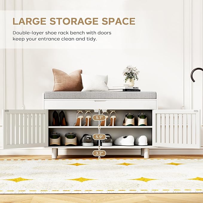 35.4in Shoe Bench with Storage, Bamboo Entryway Bench with Lift Top Hidden Storage & Padded Seat, 2 Doors 2-Tier Narrow Shoe Rack Cabinet Organizer for Hallway Mudroom Bedroom, White