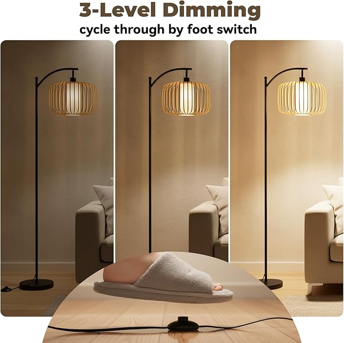 Floor Lamp for Living Room, Dimmable Standing Lamp Tall with Linen Shade Modern Floor Lamps Pull Chain Switch Reading Lamp for Living Room Bedroom Office Dining Room, 9W Bulb Included (Brown)