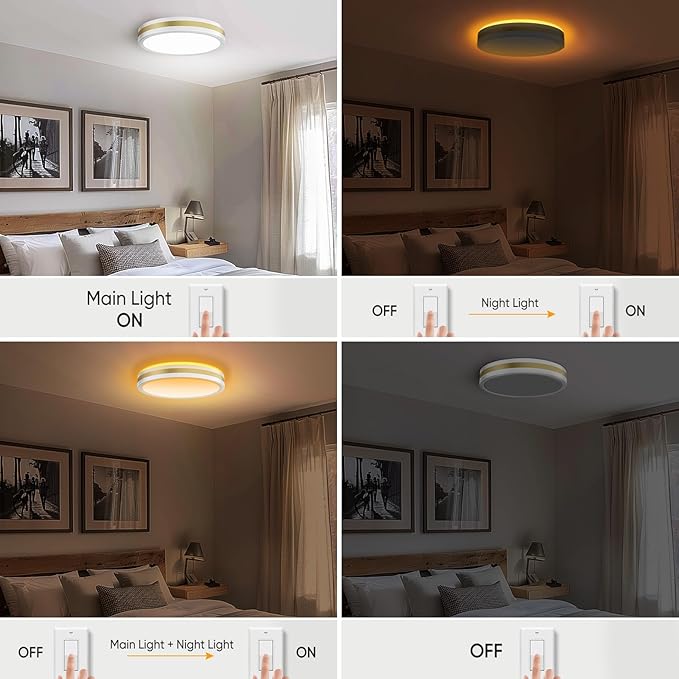 15 Inch Flush Mount Modern White Gold LED Ceiling Light with Night Light, 5CCT 35W 3500LM 2700K-6500K Adjustable, Dimmable Light Fixture for Bedroom Hallway, ETL