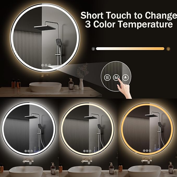 LED Bathroom Mirror 36 Inch Round Bathroom Mirror with Lights,Circle LED Mirror, Wall Mounted Lighted Bathroom with 3 Colors Brightness, Anti-Fog, Dimmable, Shatter-Proof