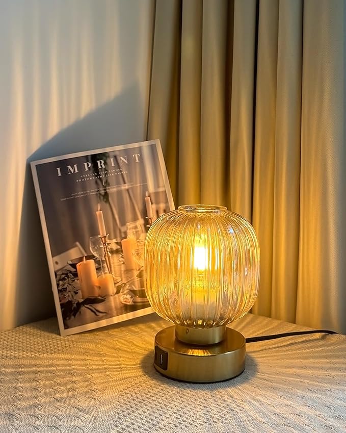 Touch Control Small Table Lamp Set of 2, Elegant Gold Glass Bedside Lamp 3 Way Dimmable with USB C+A Charging Ports - Bedroom Nightstand & Living Room Essential, 4W Bulb Included