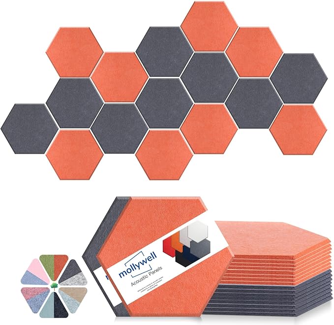 Mollywell Hexagon Acoustic Panels 14x12 - Reduce Echo & Reverb, Noise Blocking Wall Tiles for Studio & Home Office, Moon Gray & Orange Sound Absorbing Panels