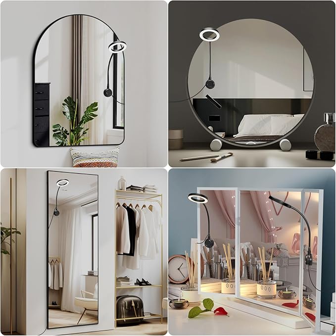 Suction Cup LED Vantiy Lights for Mirror, Flexible Gooseneck Stick on Selfie Ring Light for Makeup Vanity Table & Bathroom Mirror, 3 Color Modes & 10 Brightness, Plug in, Black