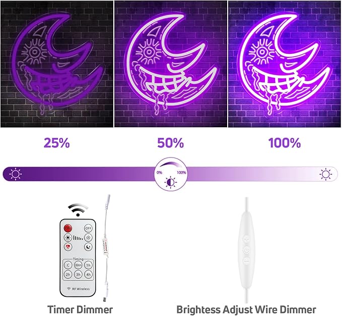 Moon Neon Sign, Purple Scary Devil Drooling Blood Moon Led Sign for Wall Decor with Remote Dimmer, Retro Vintage Psychedelic Mystic Moon Neon Light for Christmas Bedroom Party Gift - 10''