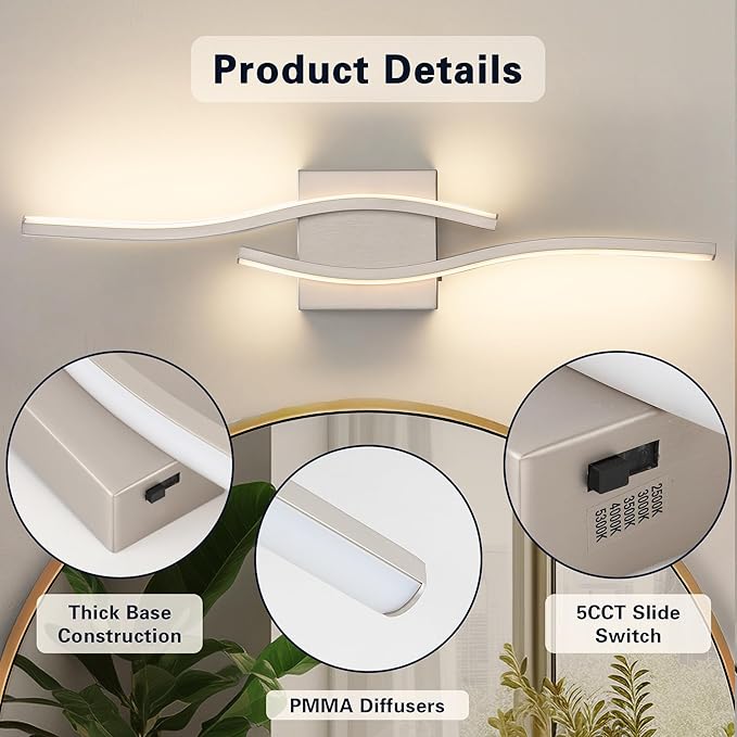 Joossnwell Brushed Nickel Bathroom Vanity Lights Fixtures Over Mirror 5CCT Dimmable Bathroom Light Fixture Modern Vanity Lighting Bar Led Bath Vanity Light 23 Inch Wall Lamp