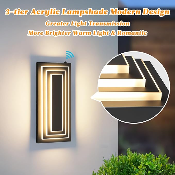 Dawn To Dusk Outdoor Light Fixture Modern Exterior Wall Light, 3-Tier Black Outdoor Wall Sconce, 15.7 IN Outdoor Lights For House,Front Door, Patio, Warm White 24 W Outside Porch Lights 2 Pack