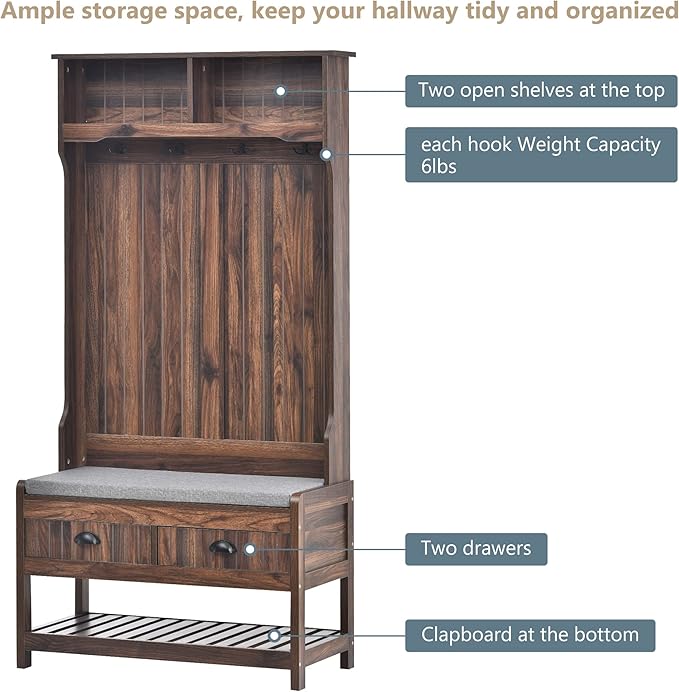 Hall Tree with Shoes Bench, Entryway Coat Rack with Storage Shelves and Drawers, 33.5''W Coat Hanger for Entrance, Hallway (Tiger)