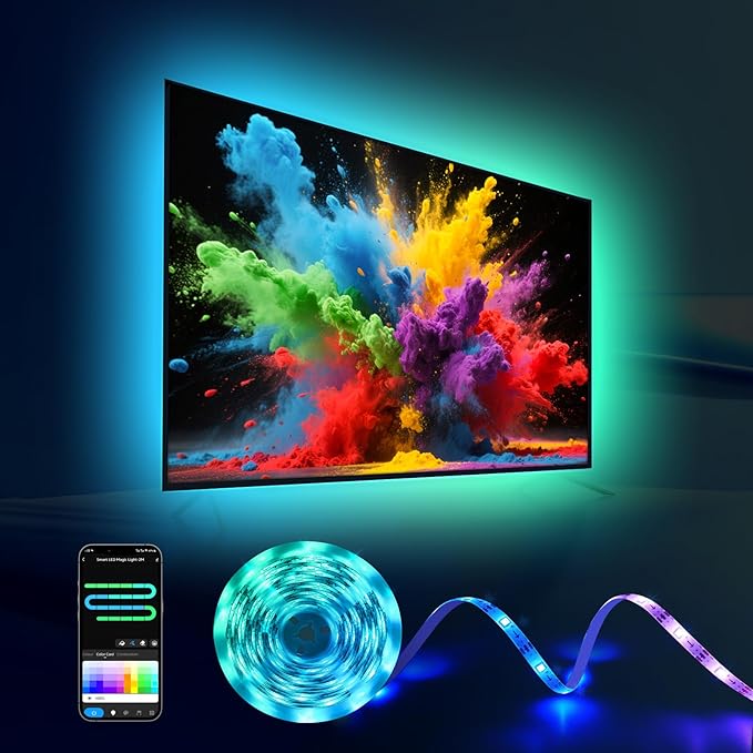 16.4ft LED Lights for 50-75 Inch TV, RGB+IC TV Lights Backlight Strip Behind, with 44 Scene Modes, Bluetooth APP and Voice Control, Music Sync Smart Ambient Lighting for Gaming, Bedroom, Living Room