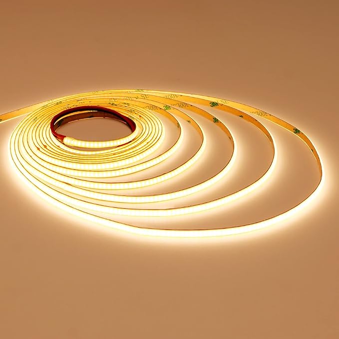 TOPAI 24V Thin 5mm COB LED Strip 3000K Warm White 16.4ft Super Bright 4000lm CRI>90 Uniform Dotless 400LEDs/M Flexible Cuttable LED Tape Light for DIY, Bedroom, Under Cabinet Lighting