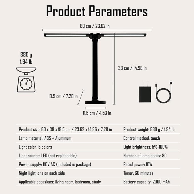 LED Double Head Desk Lamp with Night Light, 5 Color Temp, Slide Steplessly Adjust Brightness, 60 min Timer, Touch Control, Foldable Table Light for Working, Reading (Black Rechargeable)