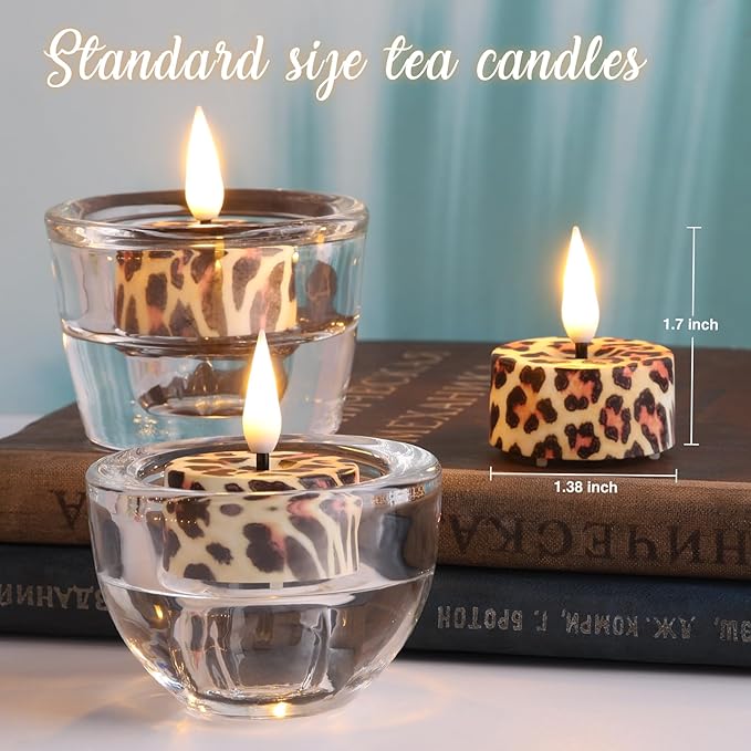 Eywamage Leopard Flameless Tealights with Remote Batteries, Flickering Cheetah LED Tea Votive Candles Set of 12