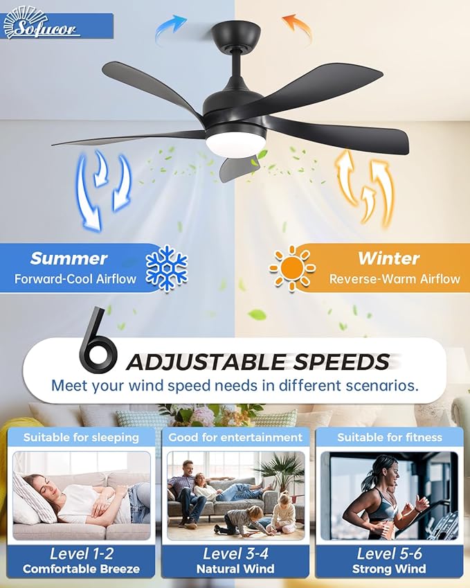 Sofucor 45 Inch Ceiling Fan with Lights and Remote, Indoor/Outdoor Ceiling Fan with Light 6-Speed 3 CCT 3-Timer, Low Profile Black Ceiling Fan 5 Blade Quiet DC Motor for Bedroom Living Room Patio