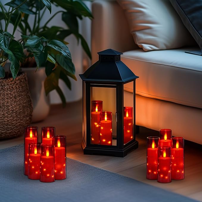 Homemory 12Pcs Flameless Candles with Star String Fairy Lights, Flickering Battery Operated Candles, LED Fake Candles with Remote and Timer, Christmas, Weddings, Home Decor, Red