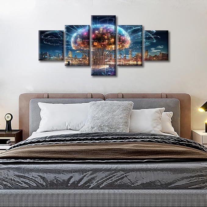 5 Piece Smart Brains for Future Cities Wall Art Painting Artificial Intelligence Concept Bedroom Living Room Brain Framed Modern Pictures Canvas Prints Artwork for Wall Decor Office Decor (50"Wx24"H)