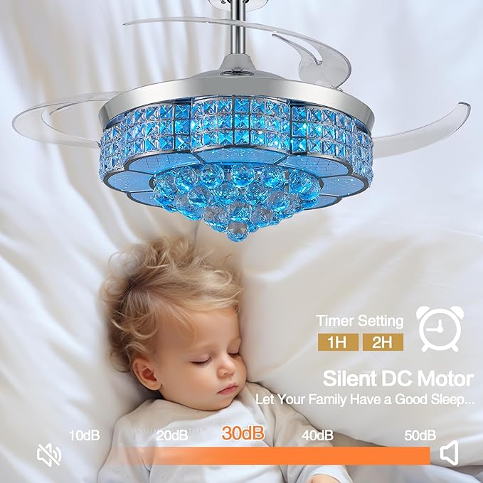48" RGB Bluetooth Ceiling Fan with Light and Speaker, Retractable Blades Crystal Fandelier Music Player LED Chandelier Silver