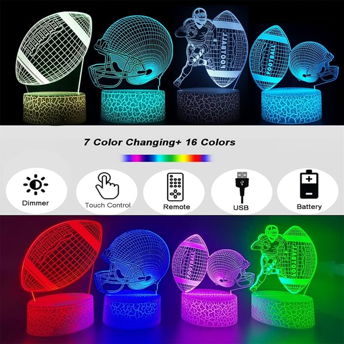 3D Night Light - Football 4 Patterns Hologram Lamp, Dimmable Remote/Smart Touch, 16 Color Changing LED, Room Decor Bedside Desk Lamp, Gift for Football Fans